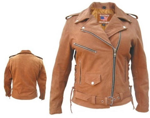 Ladies Brown Leather Silver Hardware Motorcycle Jacket