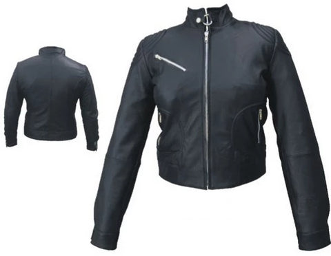 Ladies Black Leather Euro Collar Snap Motorcycle Riding Jacket