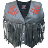 Ladies Analine Leather Red Rose Braided Fringe Motorcycle Vest