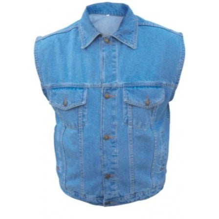Mens Blue Denim Snap Down Collar Motorcycle Vest
