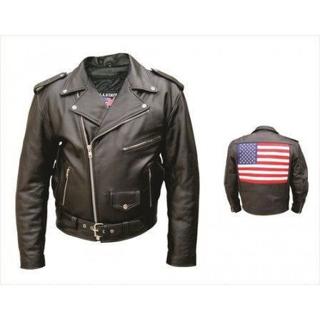 Mens Basic Premium Leather Motorcycle Jacket with USA Flag
