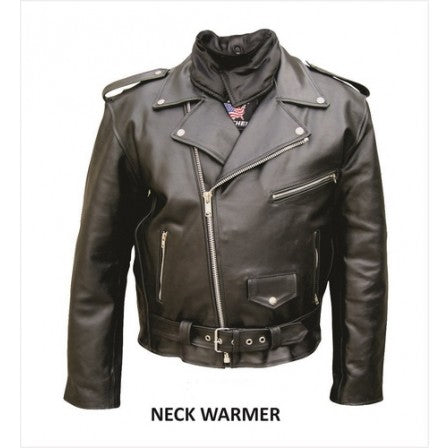 Mens Basic Black Leather Motorcycle Jacket with Neck Warmer
