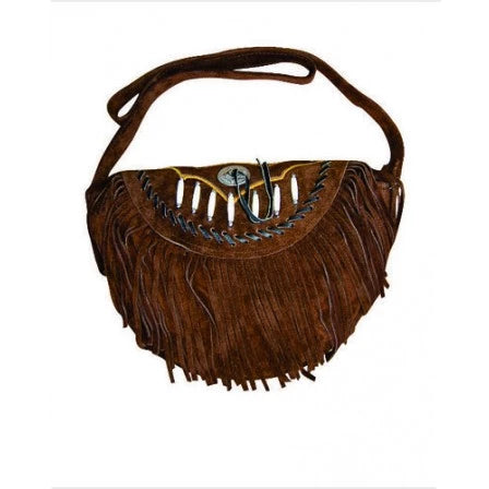 Ladies Dark Brown Suede Leather Bones Silver Conchos and Fringe Western Style Handbag