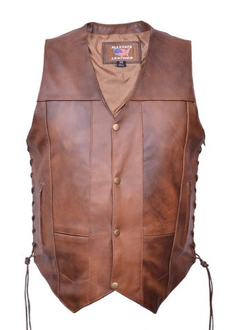 Mens Premium Cafe Brown Leather 10 Pockets Motorcycle Vest