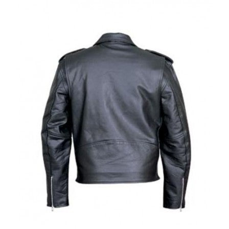 Mens Basic Black Leather Belt Buckled Motorcycle Jacket
