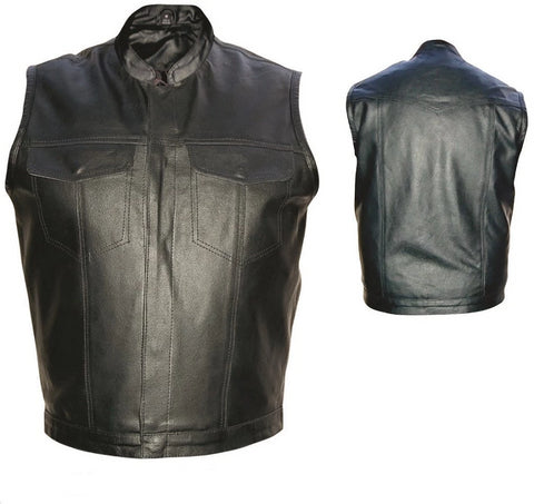 Mens Black Leather Denim Style Motorcycle Vest with Gun Holster