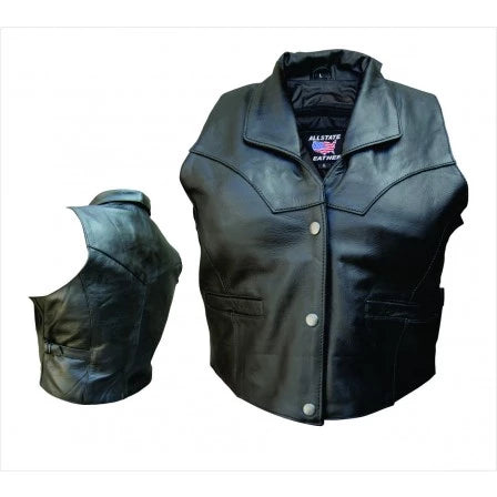 Ladies Black Leather Collared Motorcycle Vest