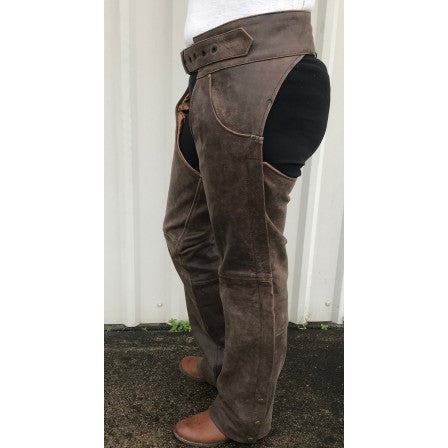 Rustic Brown Leather Plain Lining Motorcycle Chaps