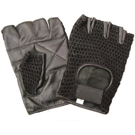 Leather Padded Palm Black Mesh Fingerless Motorcycle Gloves