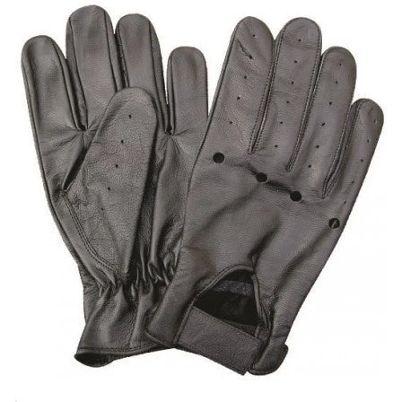 Black Leather Unlined Driving Motorcycle Gloves