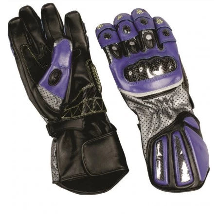 Mens Black and Blue Leather Knuckle Sport Bike Motorcycle Gauntlet Gloves