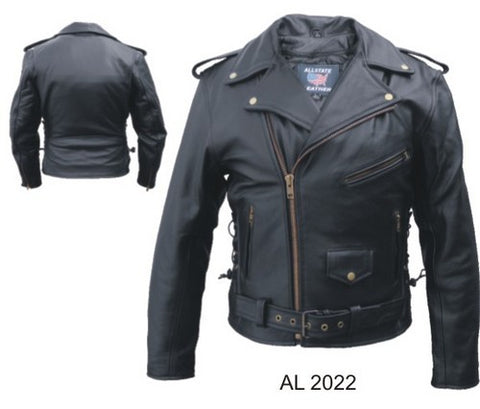 Mens Basic Black Premium Leather Side Laces Motorcycle Jacket