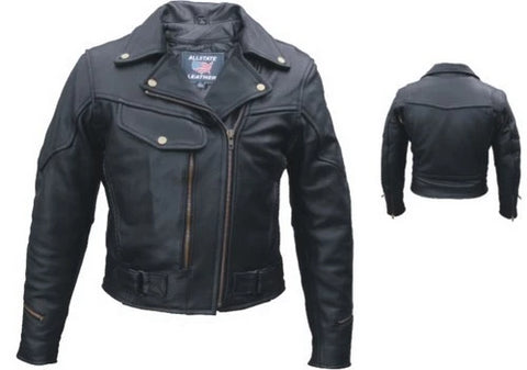 Ladies Black Leather Vented Braided Trim Motorcycle Jacket