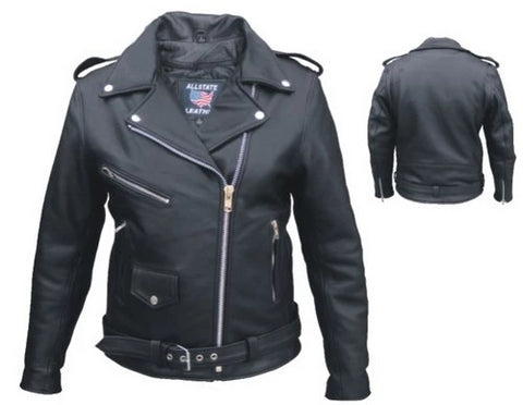 Ladies Black Leather Full Cut Motorcycle Jacket
