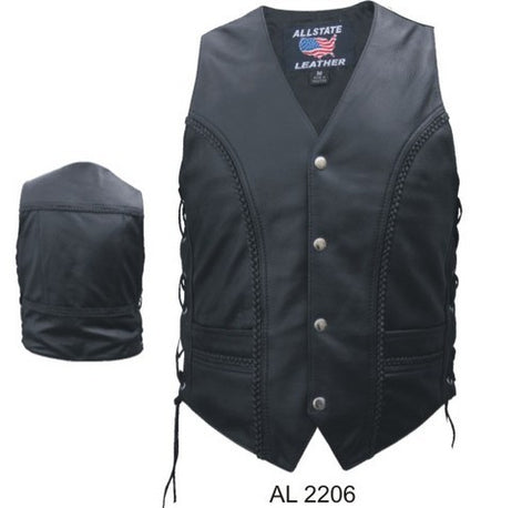 Mens Black Leather Vertical Braid Motorcycle Vest
