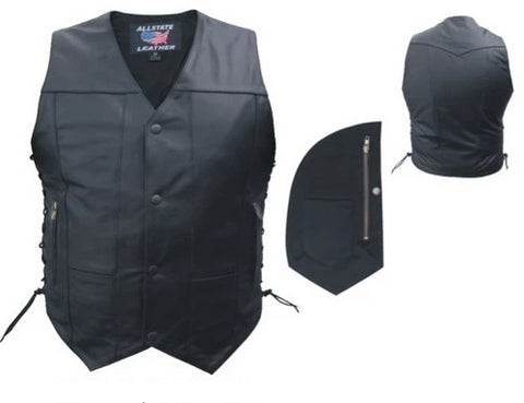 Mens Black Leather 10 Pockets Motorcycle Vest