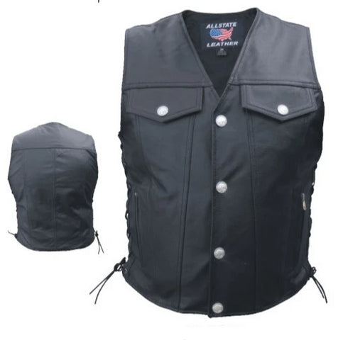 Mens Black Leather Denim Style Motorcycle Vest
