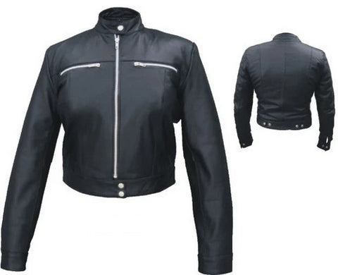 Ladies Black Leather Euro Collar Motorcycle Riding Jacket