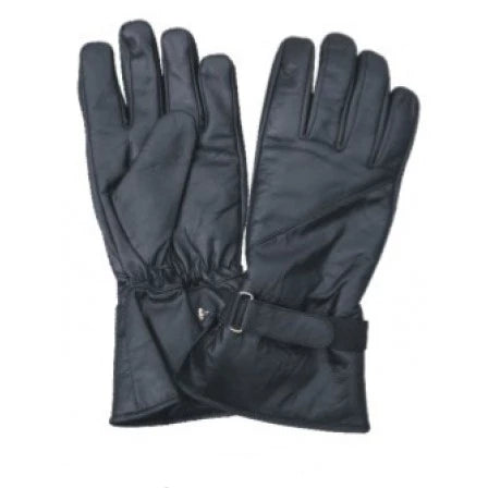 Black Lightly Lined Leather  Hook and Loop Closure Strap Motorcycle Gauntlet Gloves