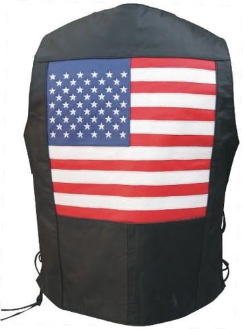 Mens Black Leather Basic Side Laced Motorcycle Vest with USA Flag