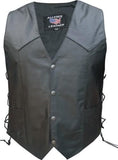 Mens Black Leather Basic Side Laced Motorcycle Vest with Texas Flag