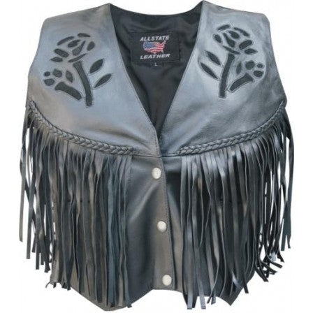 Ladies Analine Leather Black Rose Braided Fringe Motorcycle Vest