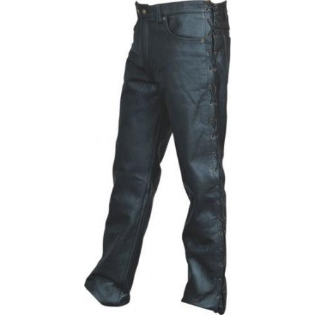 Mens Black Leather Side Laced Five Pocket Motorcycle Pants
