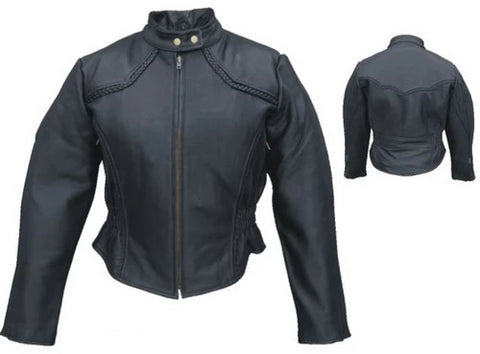 Ladies Black Leather Braided Trim Motorcycle Jacket