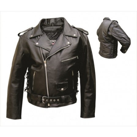 Mens Basic Black Leather Side Laced Motorcycle Jacket