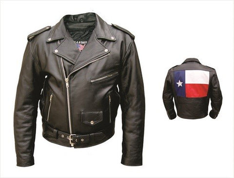 Mens Basic Premium Leather Motorcycle Jacket with Texas Flag