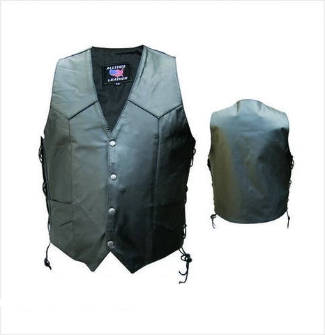 Mens Leather Single Panel Motorcycle Vest with Gun Pockets