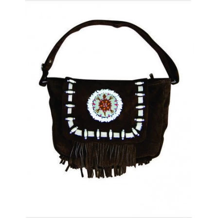 Ladies Brown Suede Beads Bones Fringe Western Style Handbag