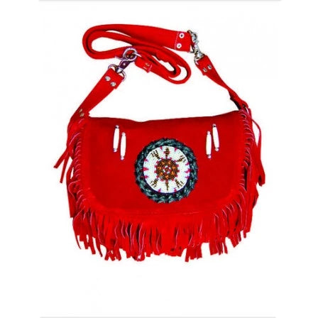 Ladies Red Suede Leather Beads Bones and Fringe Western Style Handbag