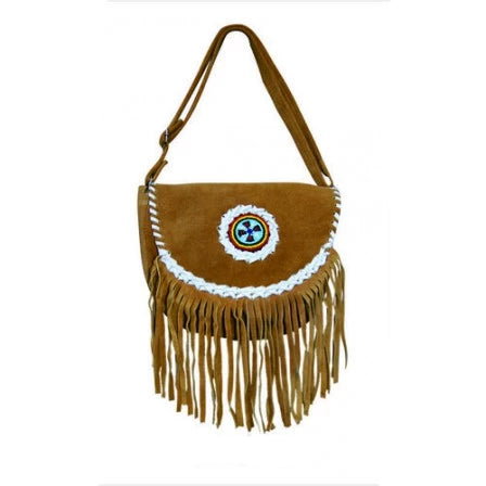 Ladies Brown Suede Leather Beads Lace and Fringe Western Style Handbag