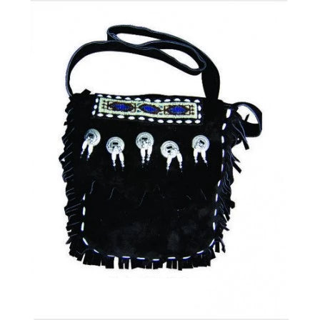 Ladies Black Suede Leather Beads Bones Conchos and Fringe Western Style Handbag