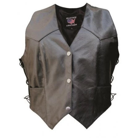 Ladies Black Leather Basic Side Laced Motorcycle Vest