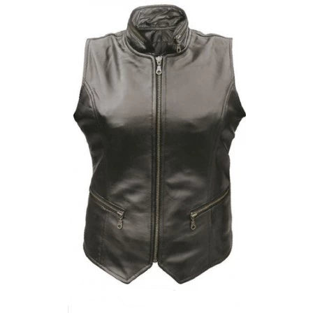 Ladies Black Leather Antique Brass Hardware Motorcycle Vest