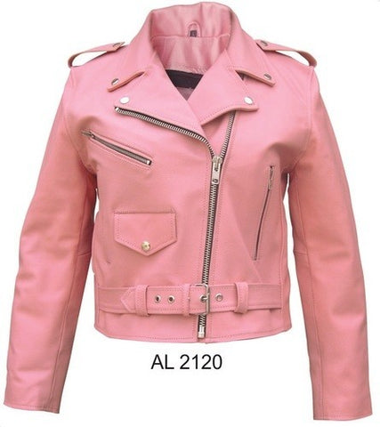 Ladies Pink Leather Basic Motorcycle Jacket