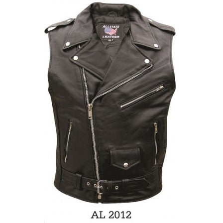 Mens Basic Black Premium Leather Sleeveless Motorcycle Jacket