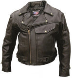 Mens Vented Leather Motorcycle Jacket with Hook and Loop Side Straps