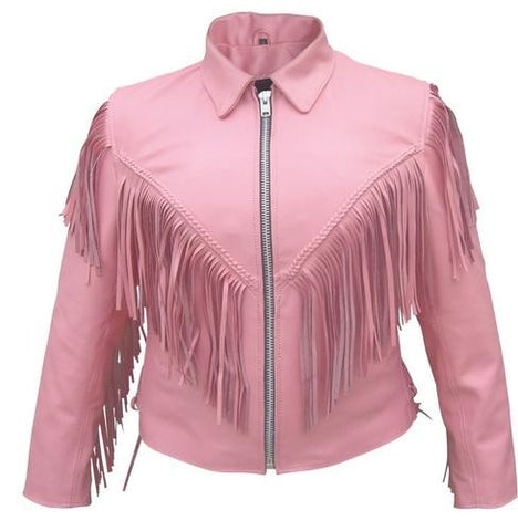 Ladies Pink Leather Fringe and Braided Motorcycle Jacket