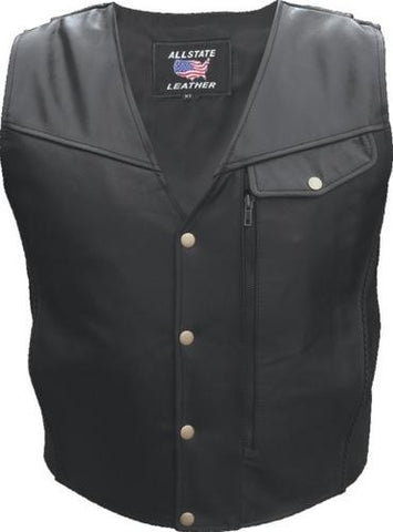 Mens Black Leather Braid Trim Motorcycle Vest