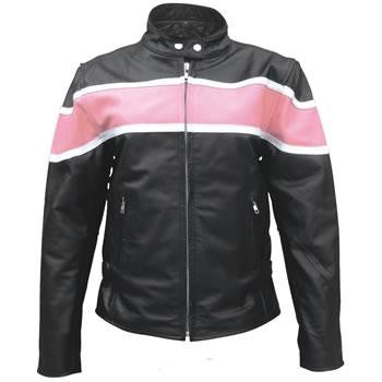 Ladies Two Tone Black and Pink with White Stripe Motorcycle Jacket