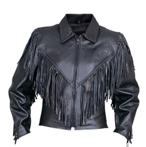 Ladies Black Leather Braided Trim Motorcycle Jacket with Fringe