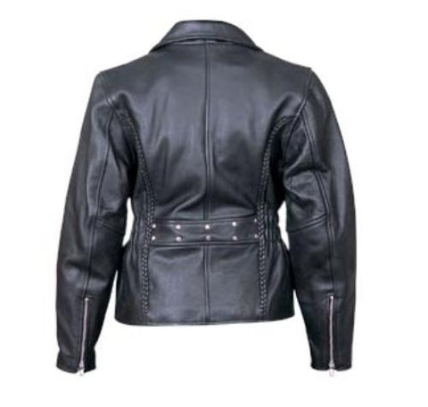 Ladies Black Analine Leather Braided Motorcycle Jacket