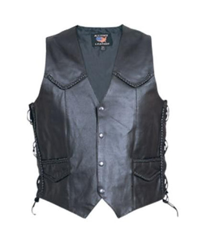Mens Black Leather Braided Side Laced Motorcycle Vest