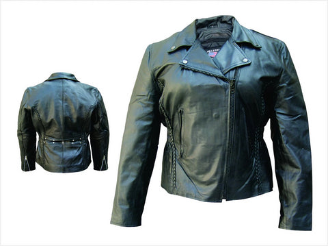 Ladies Black Leather with Vertical Braiding Motorcycle Jacket