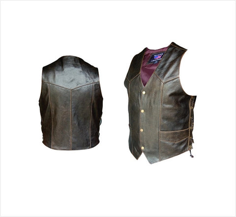 Mens Retro Brown Leather Side Laced Motorcycle Vest