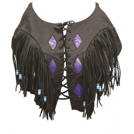 Ladies Leather Fringe and Laced Front Purple Diamond Design Top
