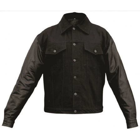 Mens Black Denim Leather Sleeves Motorcycle Jacket